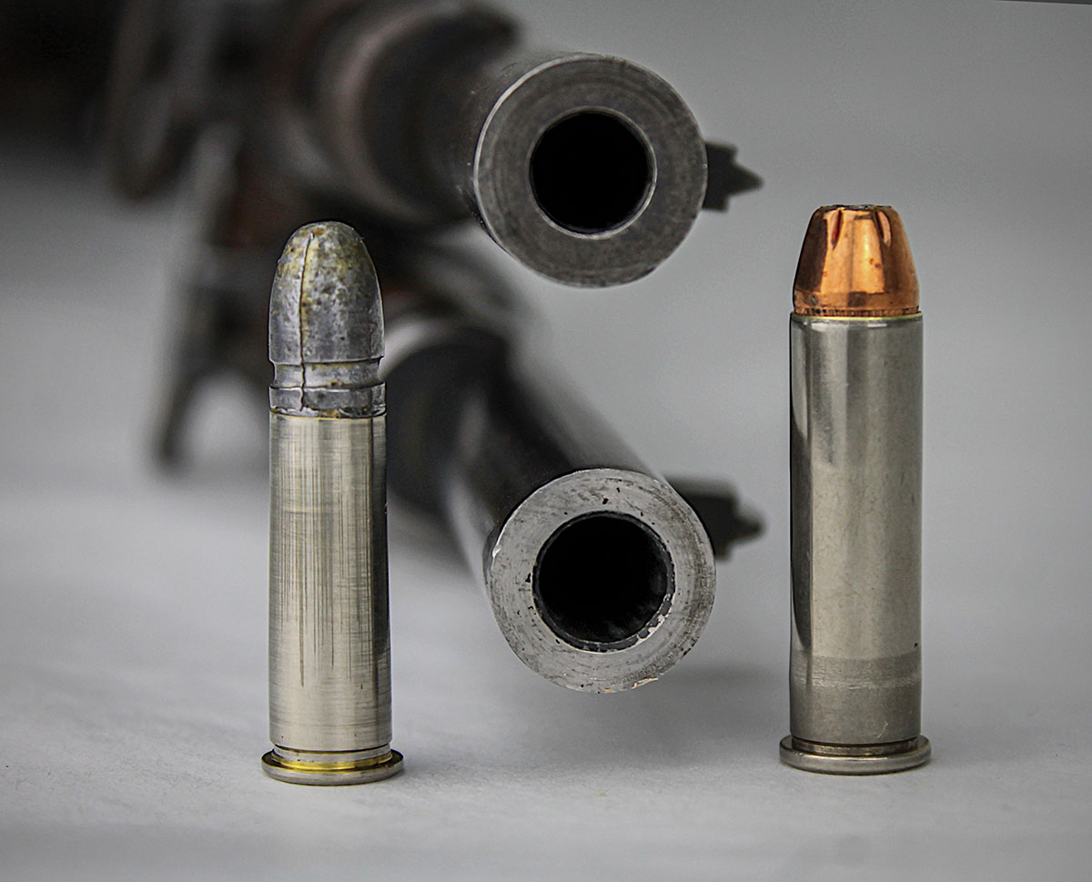 Uninterested in its original 310 Greener chambering (left and top), Americans rechambered/re-barreled Cadets to 357 Magnum (right and bottom) and other calibers.